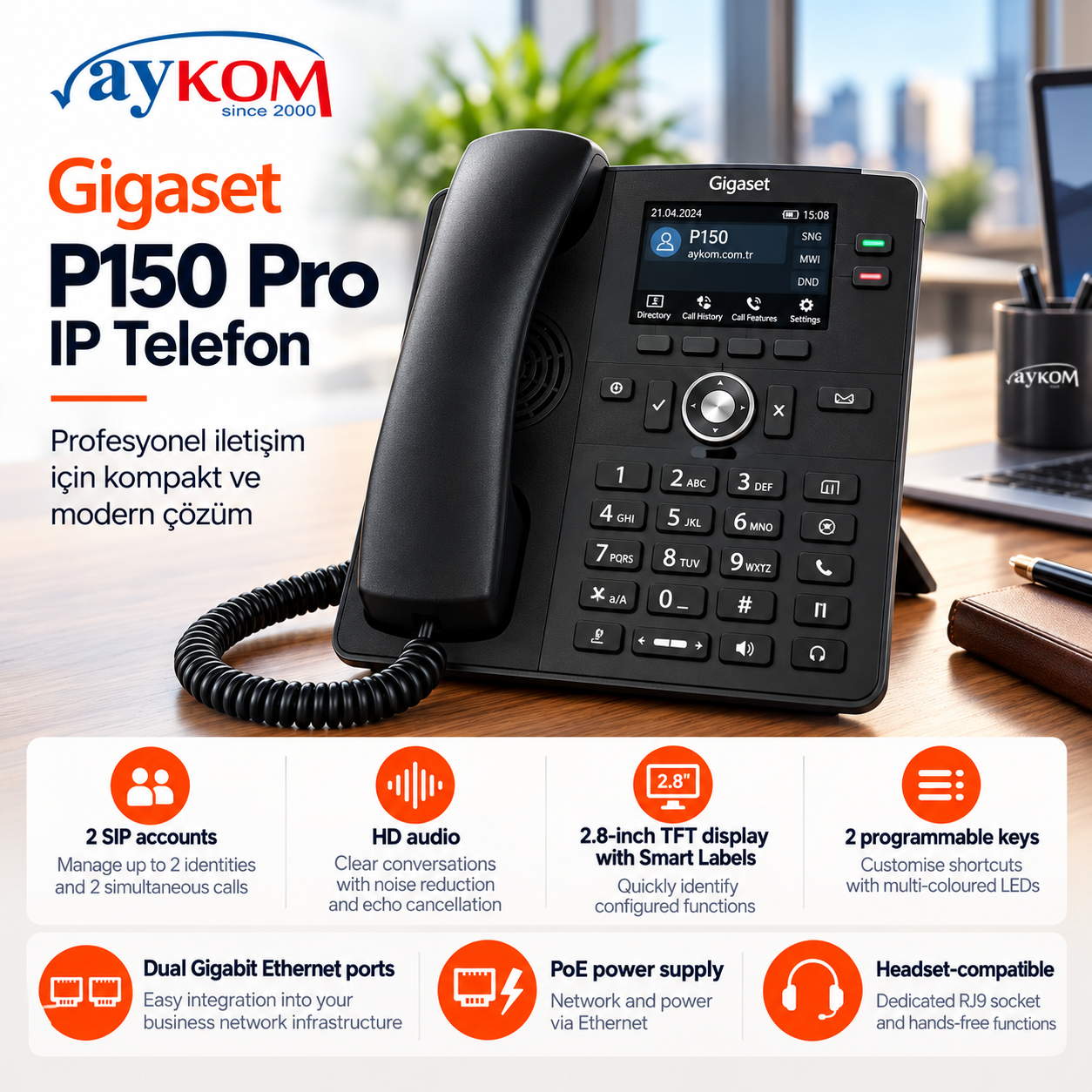 Gigaset P150 IP PRO 2 SIP hesaplı çift Gigabit PoE IP telefon