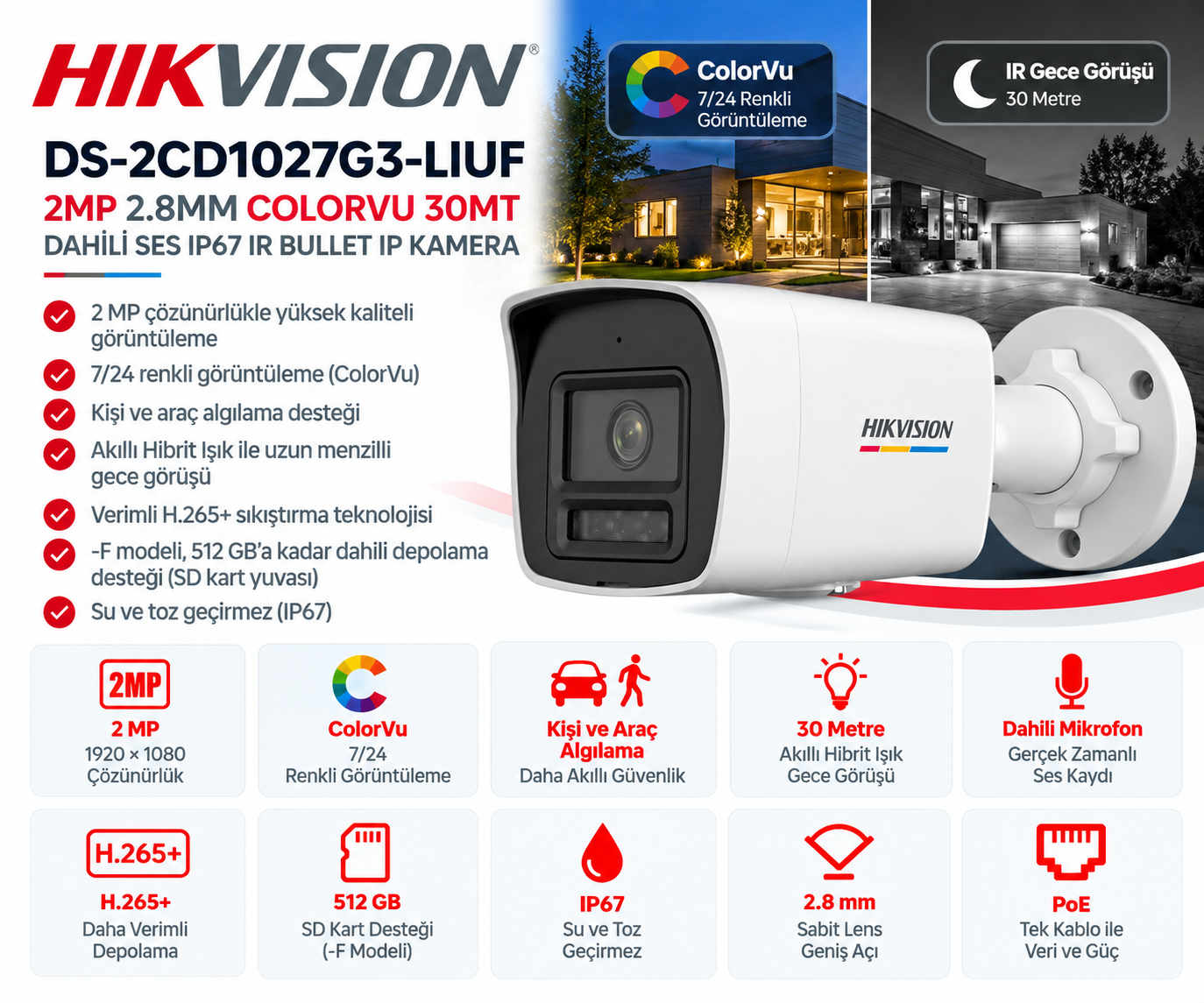 HIKVISION DS-2CD1027G3-LIUF 2MP 2.8mm ColorVu Smart Hybrid Light IP67 bullet IP kamera