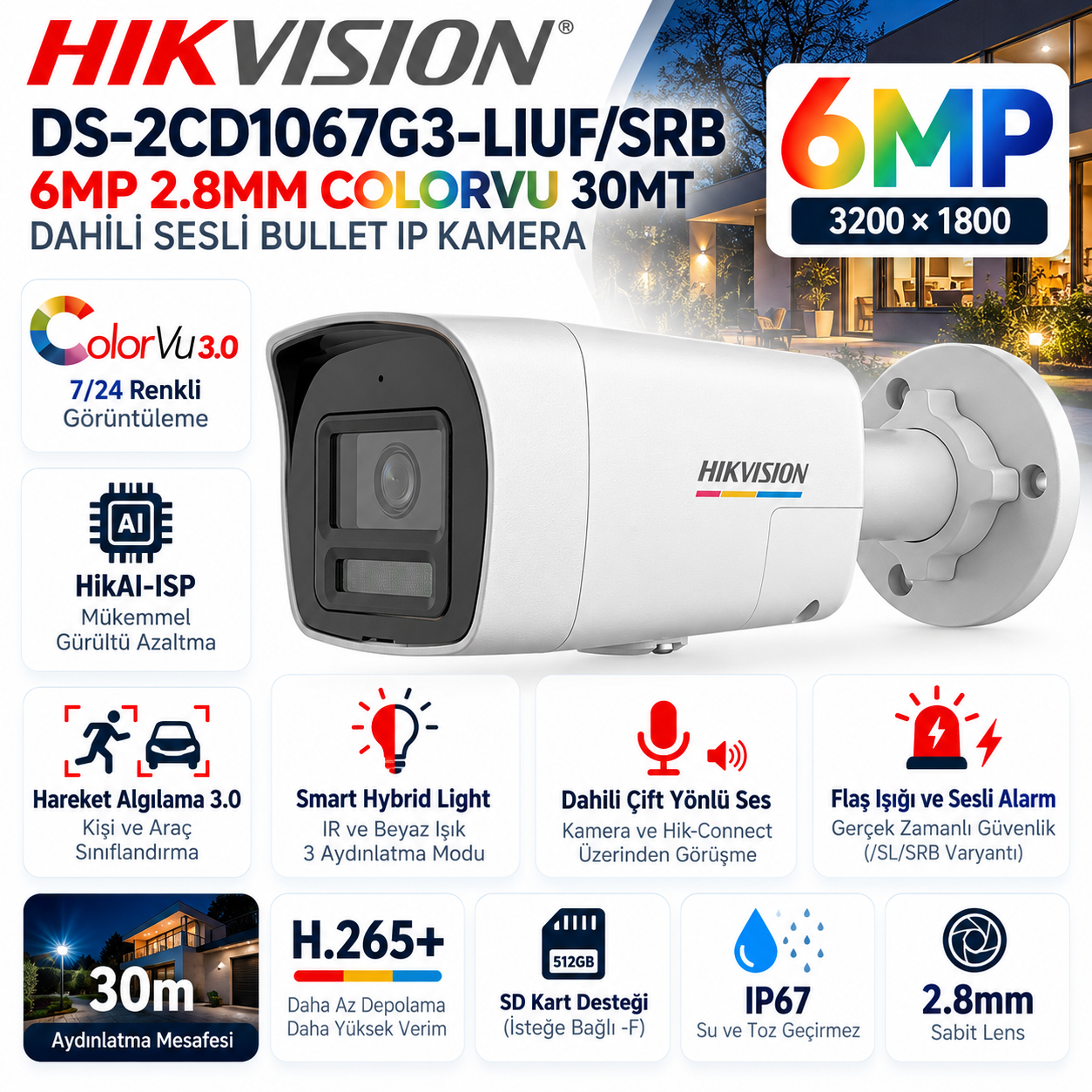 HIKVISION DS-2CD1067G3-LIUF/SRB 6MP 2.8mm ColorVu Smart Hybrid Light bullet IP kamera