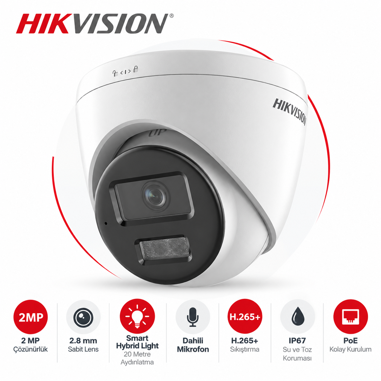 Hikvision DS-2CD1321G2-LIUF 2MP 2.8mm Smart Hybrid Light dahili mikrofonlu IP67 PoE dome kamera