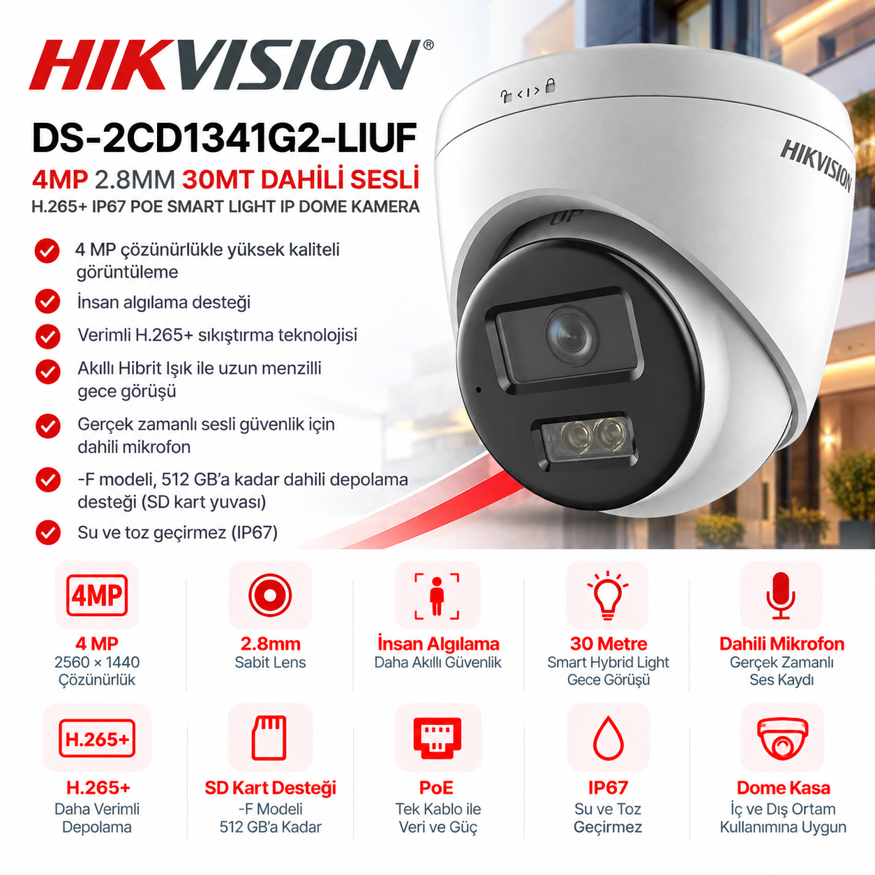 HIKVISION DS-2CD1341G2-LIUF 4MP 2.8mm Smart Hybrid Light PoE IP dome kamera
