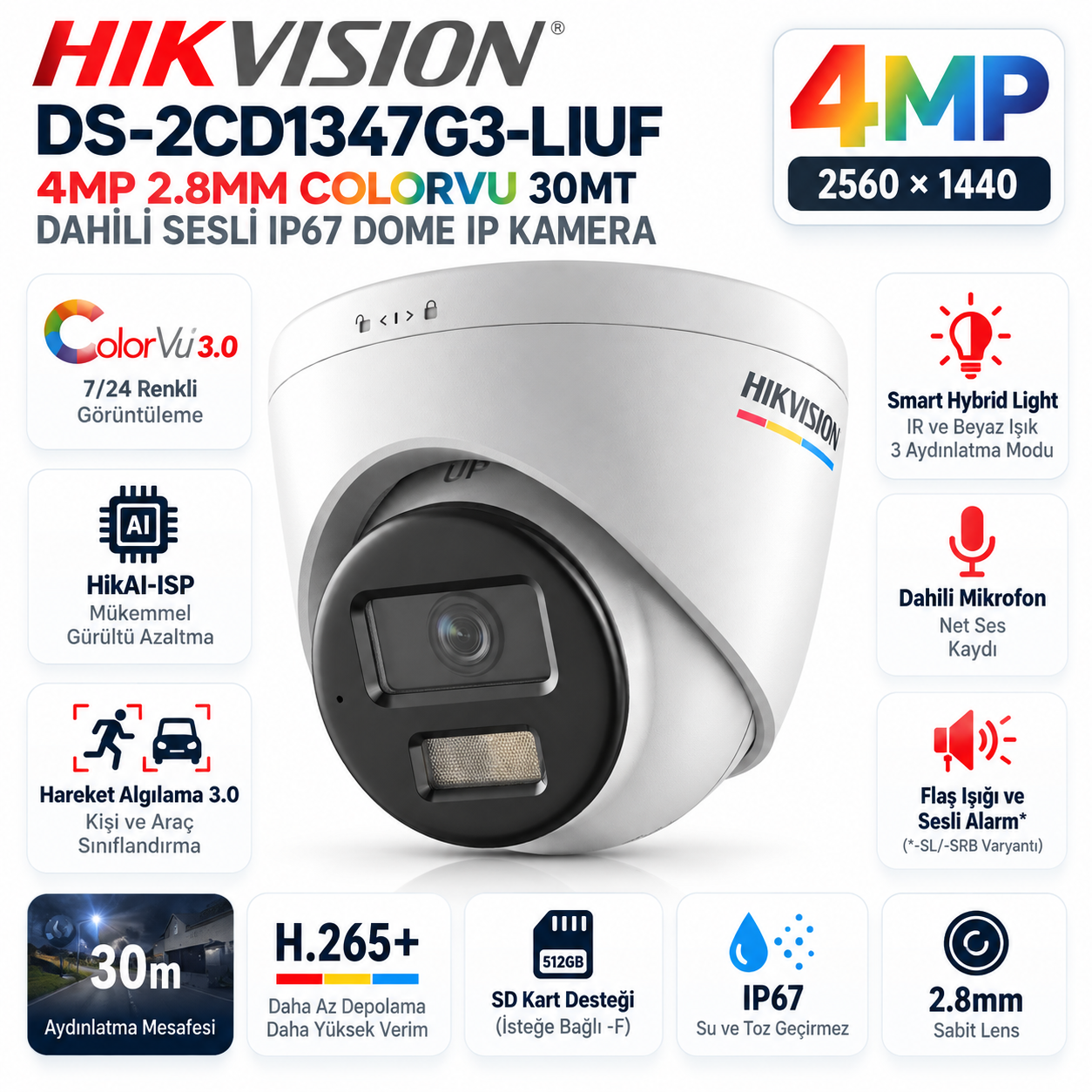 HIKVISION DS-2CD1347G3-LIUF 4MP 2.8mm ColorVu dome IP kamera