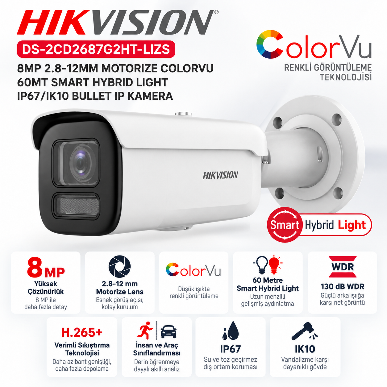 HIKVISION DS-2CD2687G2HT-LIZS 8MP 2.8-12mm motorize ColorVu Smart Hybrid Light bullet IP kamera
