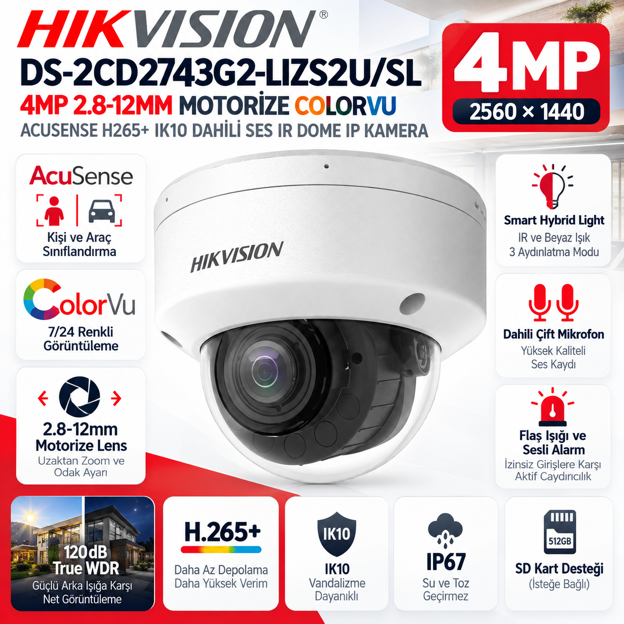 HIKVISION DS-2CD2743G2-LIZS2U/SL 4MP 2.8-12mm AcuSense motorize dome IP kamera