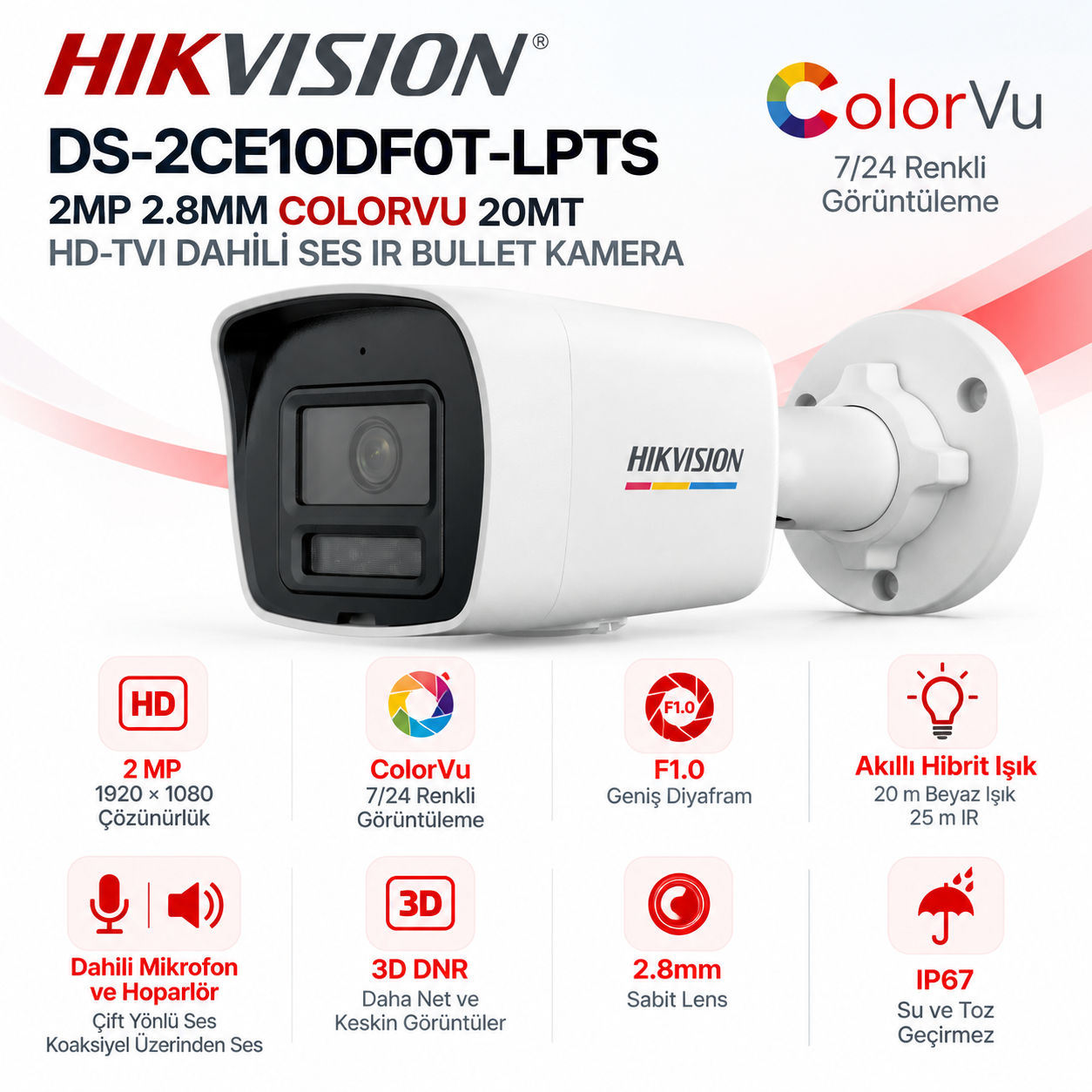 HIKVISION DS-2CE10DF0T-LPTS 2MP 2.8mm ColorVu Smart Hybrid Light bullet güvenlik kamerası