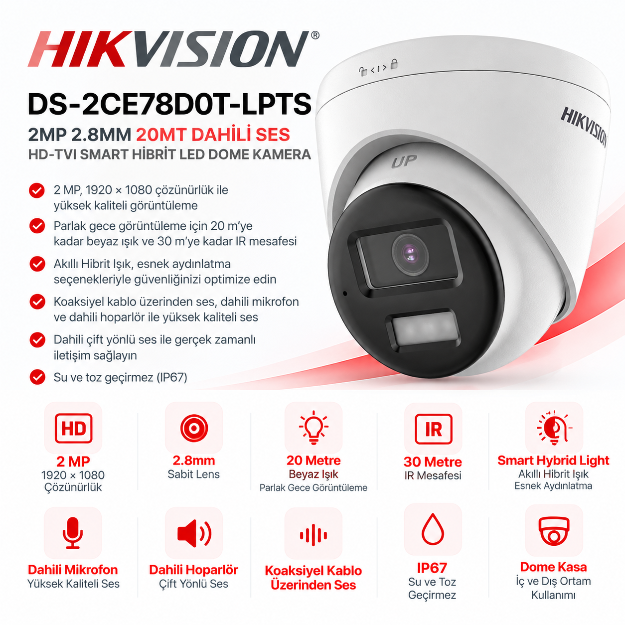 DS-2CE78D0T-LPTS 2MP 2.8mm Smart Hybrid Light dome güvenlik kamerası