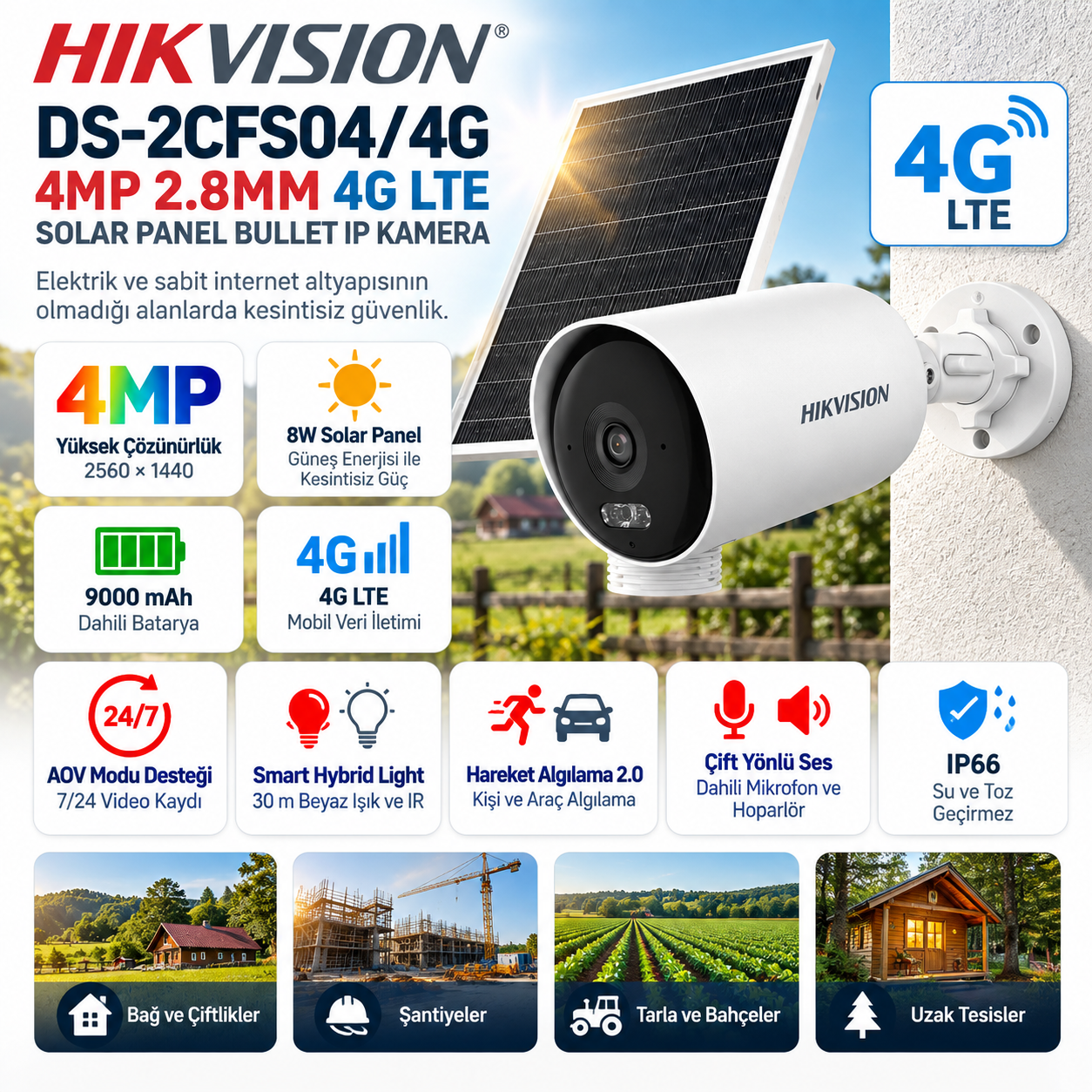 HIKVISION DS-2CFS04/4G 4MP 4G LTE solar panel bullet IP kamera