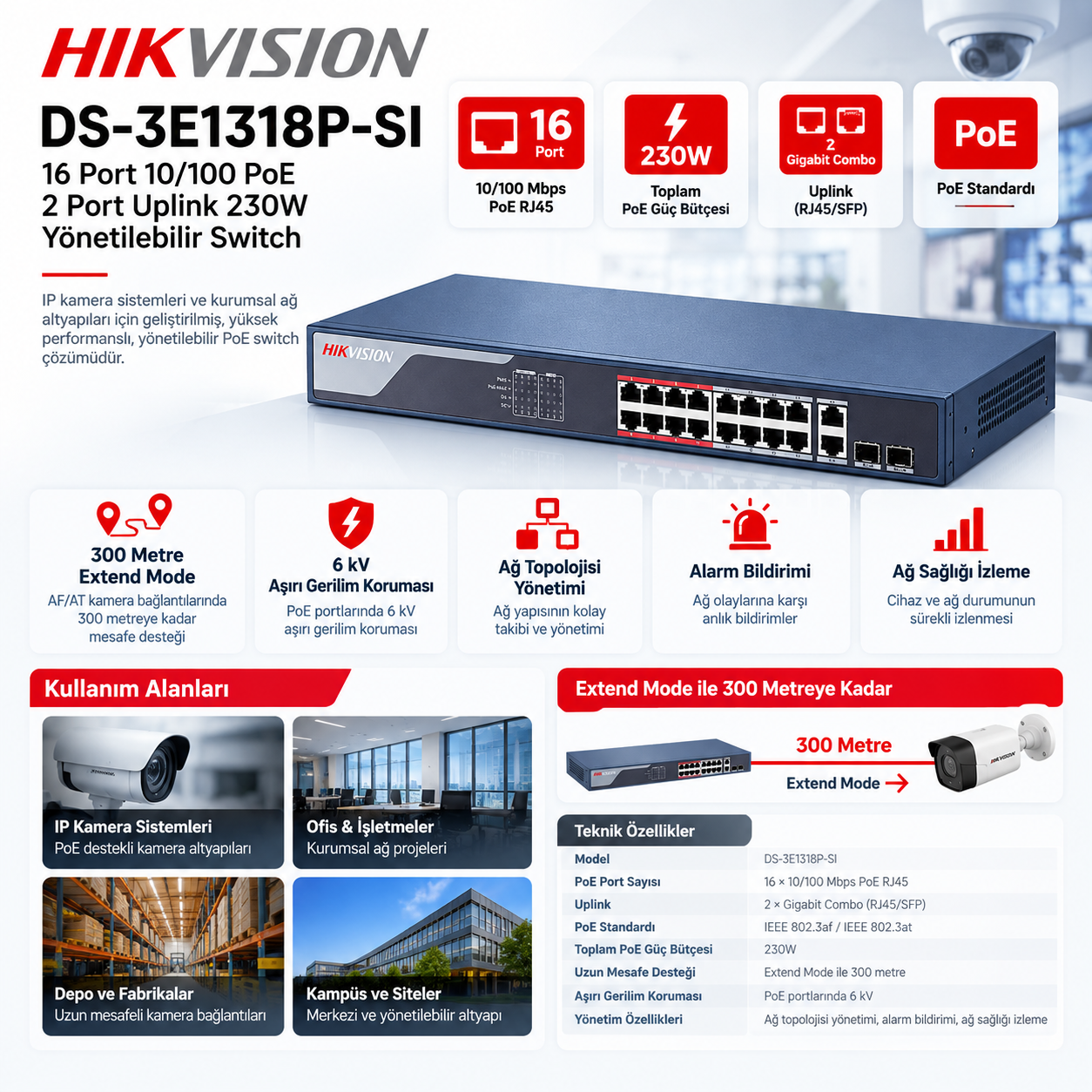 HIKVISION DS-3E1318P-SI 16 port 230W yönetilebilir PoE switch