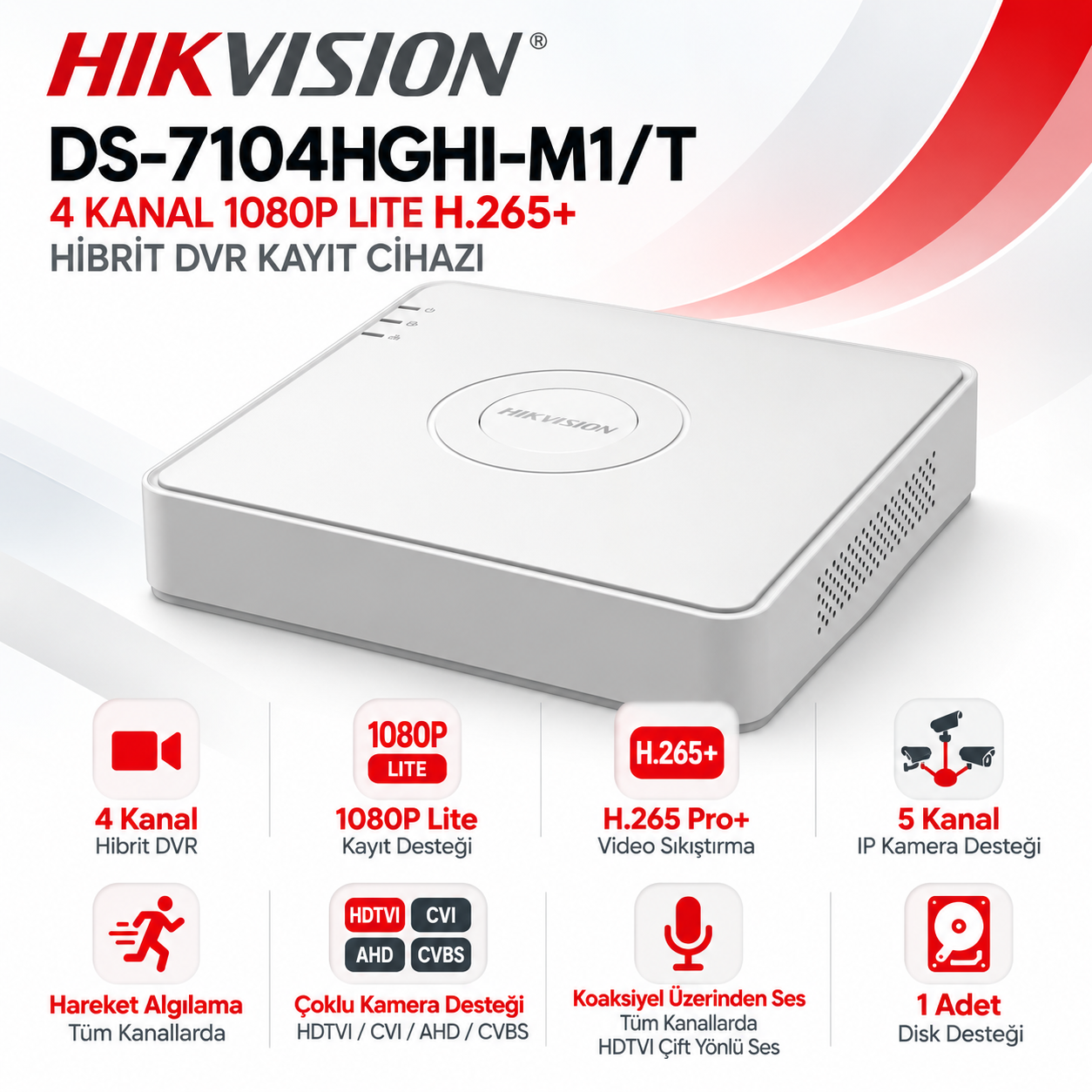Hikvision DS-7104HGHI-M1/T 4 kanal 1080P Lite H.265+ hibrit DVR kayıt cihazı