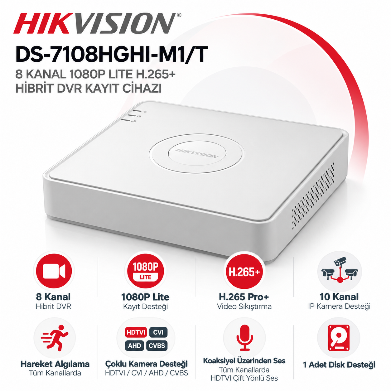 Hikvision DS-7108HGHI-M1/T 8 kanal 1080P Lite H.265+ hibrit DVR kayıt cihazı