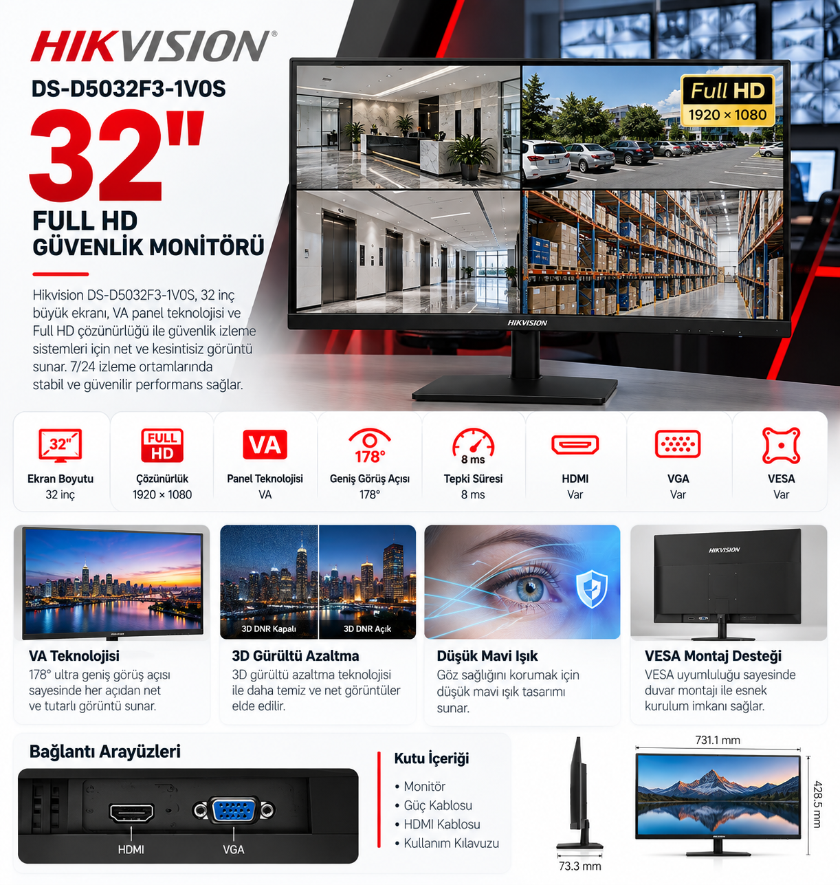 DS-D5032F3-1V0S 32 inç Full HD VA güvenlik monitörü
