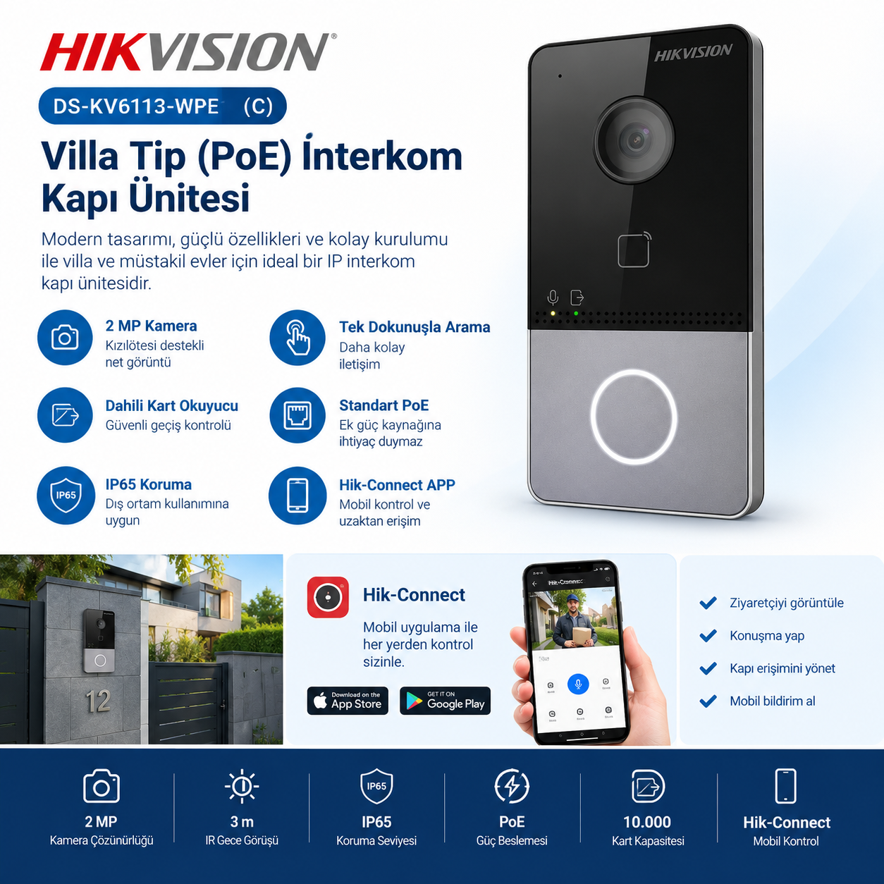 Hikvision DS-KV6113-WPE1(C) PoE IP İnterkom Kapı Ünitesi