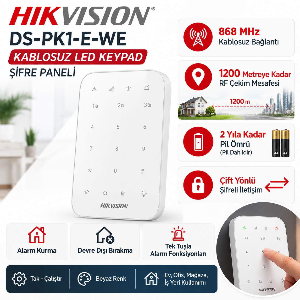 HIKVISION DS-PK1-E-WE 868 MHz kablosuz LED keypad şifre paneli