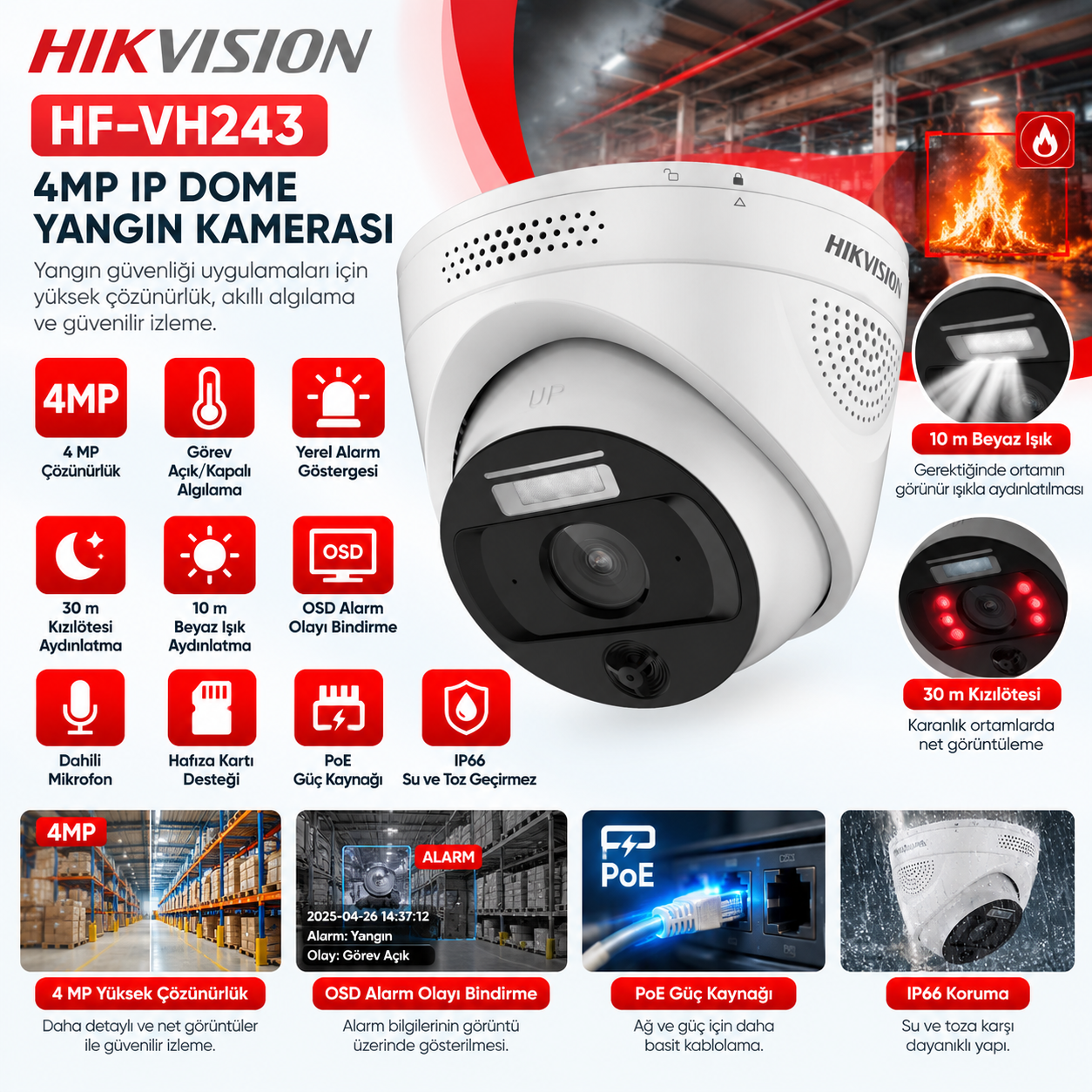 Hikvision HF-VH243 4MP 2.8mm PoE IP66 dahili mikrofonlu IP dome yangın kamerası