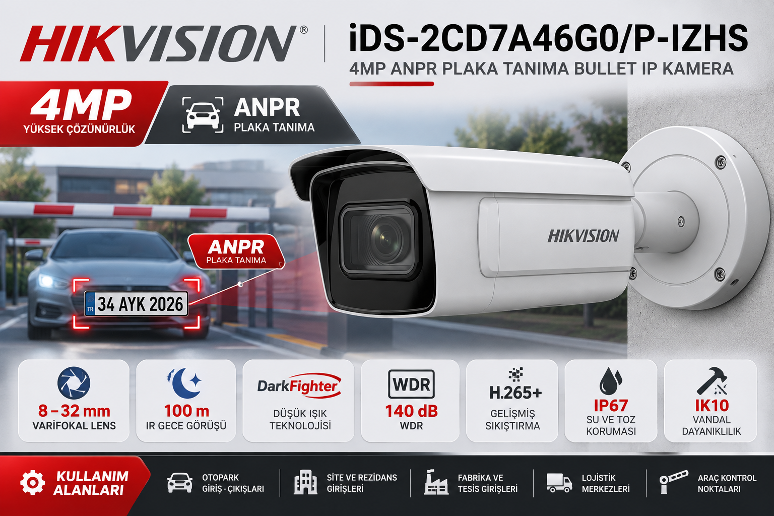 Hikvision iDS-2CD7A46G0/P-IZHS 4MP 8-32mm ANPR Plaka Tanıma IP Kamera