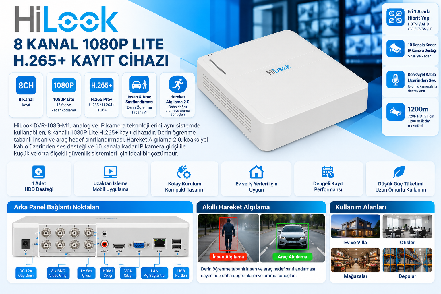 HILOOK DVR-108G-M1 8 kanal 1080P Lite H.265+ hibrit DVR kayıt cihazı