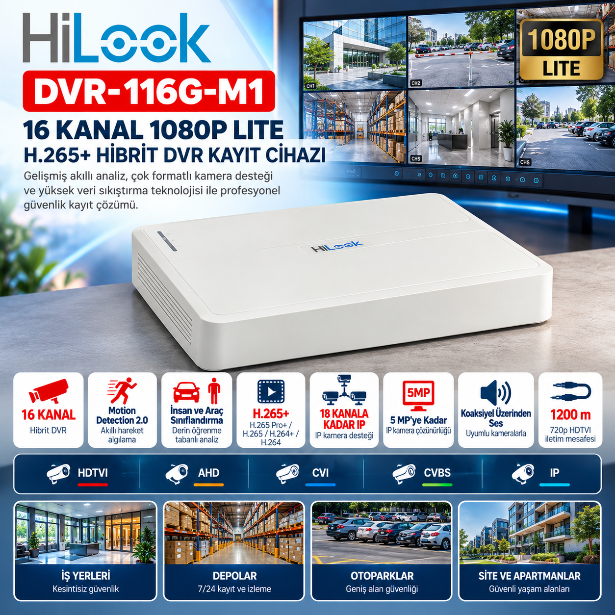 HiLook DVR-116G-M1 16 kanal 1080P Lite H.265+ hibrit DVR kayıt cihazı