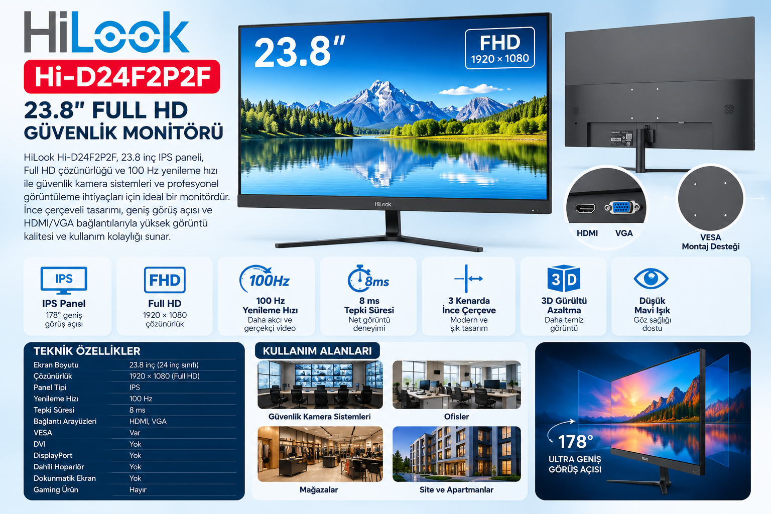 HILOOK Hi-D24F2P2F 23.8 inç 100Hz Full HD IPS güvenlik monitörü