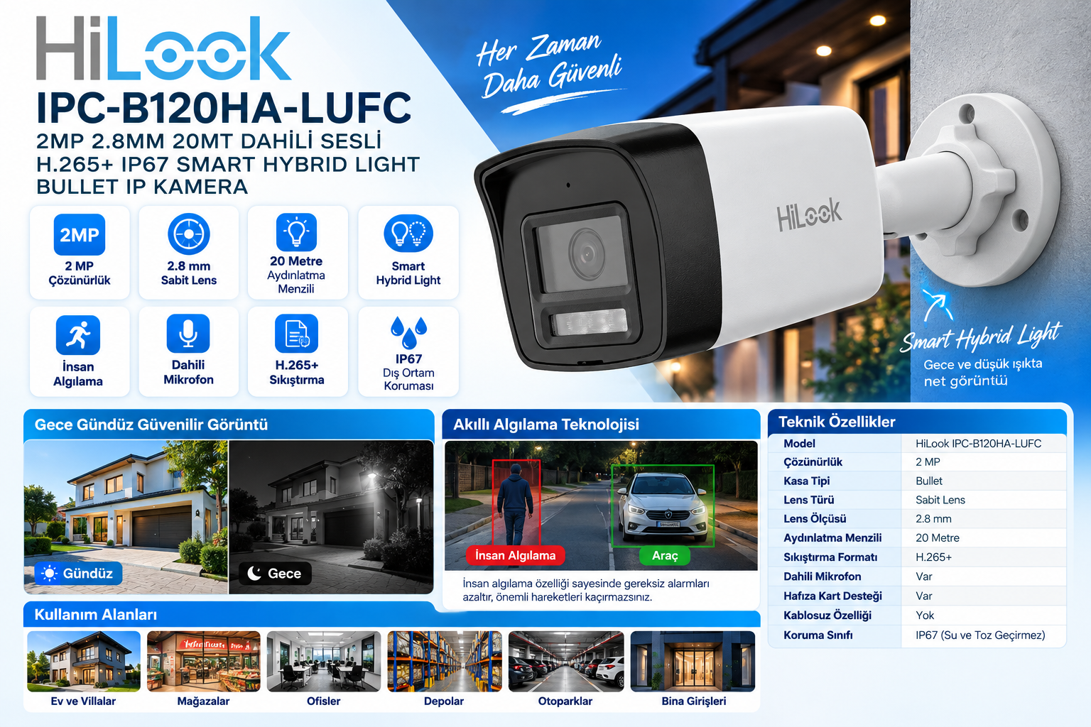 HILOOK IPC-B120HA-LUFC 2MP 2.8mm Smart Hybrid Light bullet IP kamera