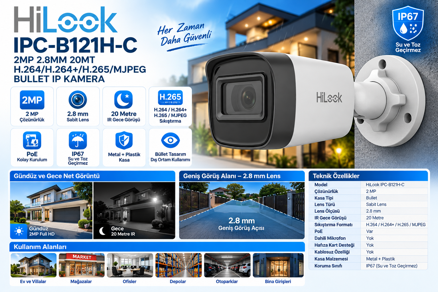 HILOOK IPC-B121H-C 2MP 2.8mm 20 metre IR PoE bullet IP kamera