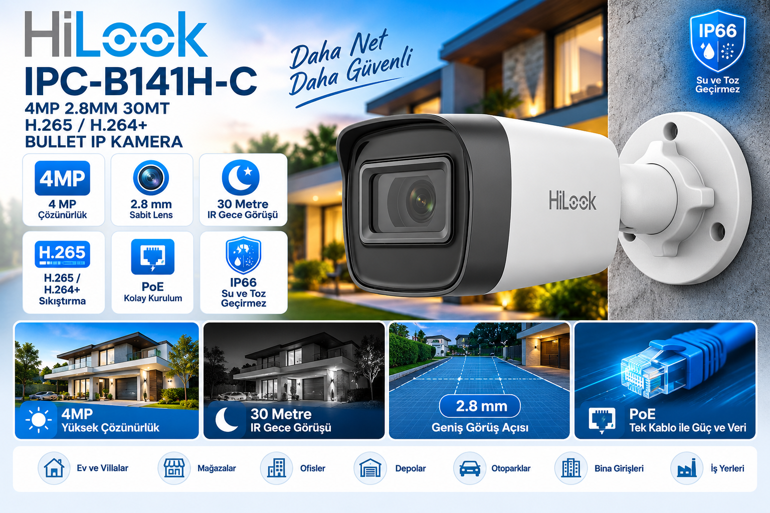 HILOOK IPC-B141H-C 4MP 2.8mm 30 metre IR PoE bullet IP kamera