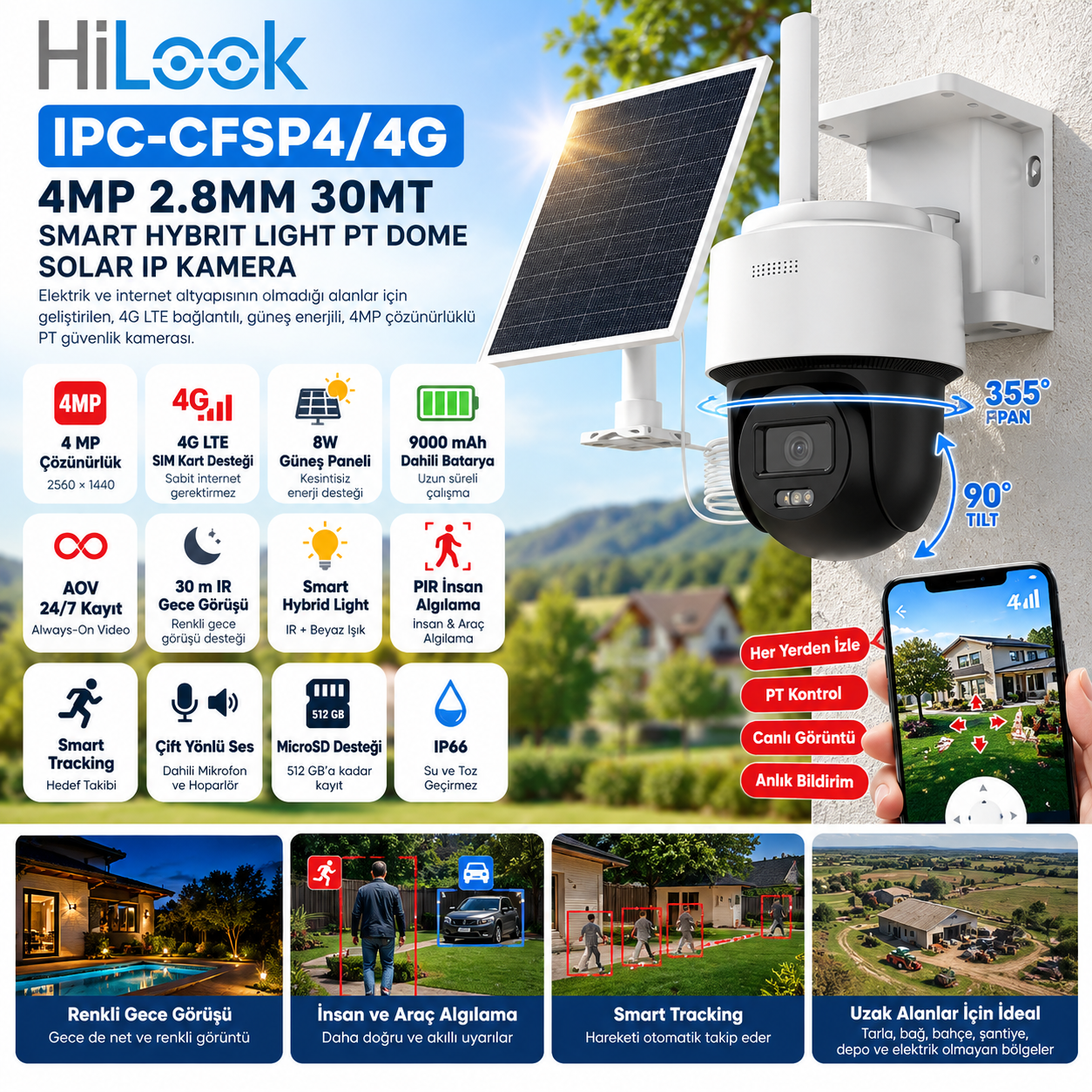 HiLook IPC-CFSP4/4G 4MP 2.8mm 4G LTE solar PT IP güvenlik kamerası