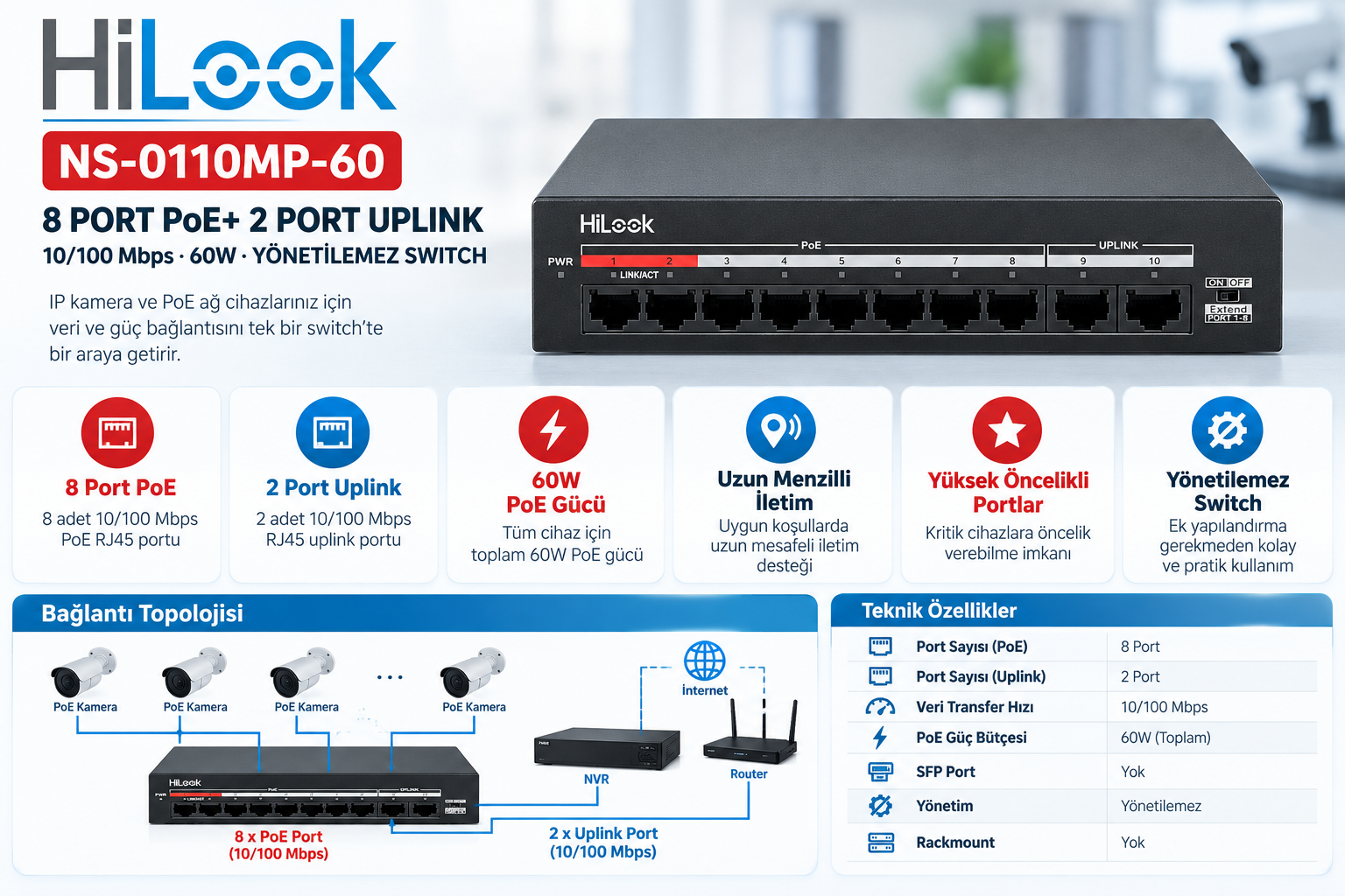 HiLook NS-0110MP-60 8 port PoE+ 2 uplink 60W yönetilemez switch