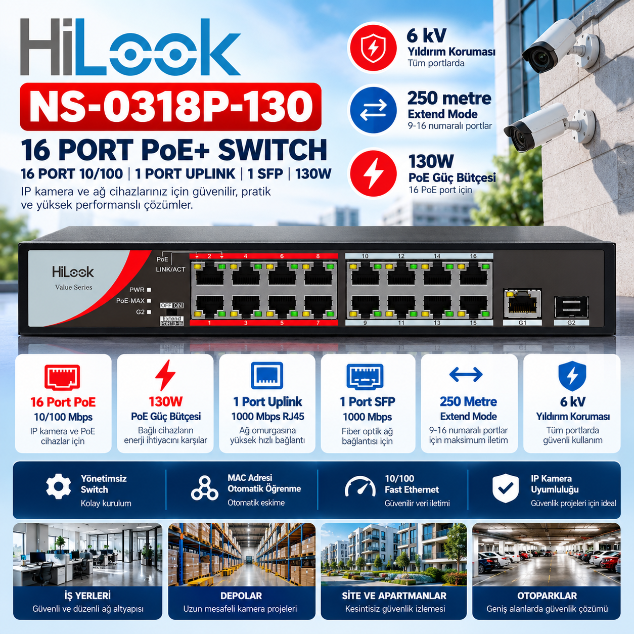 HiLook NS-0318P-130 16 port PoE+ 130W Fast Ethernet switch