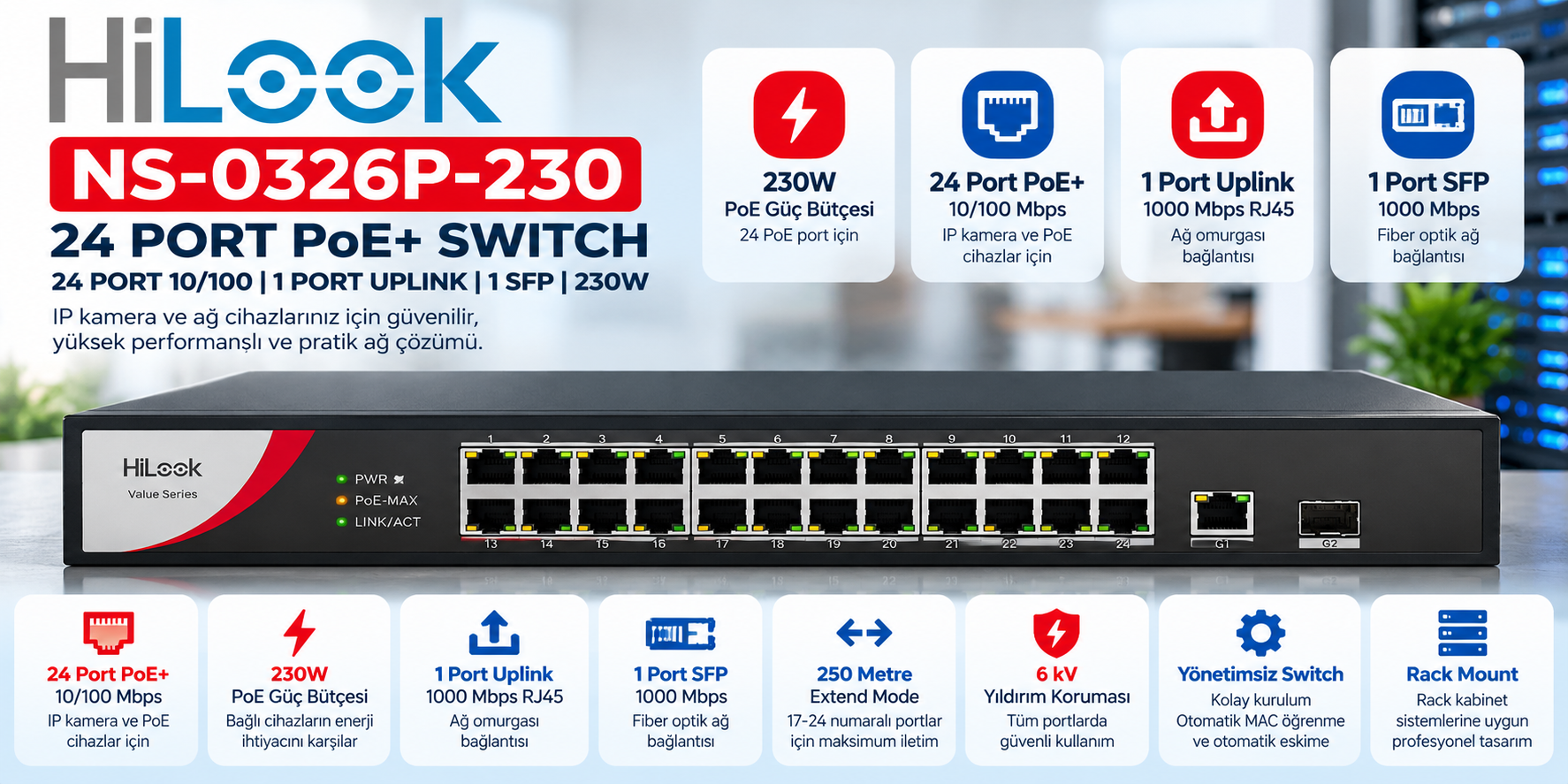 HiLook NS-0326P-230 24 port PoE+ 230W rack mount switch