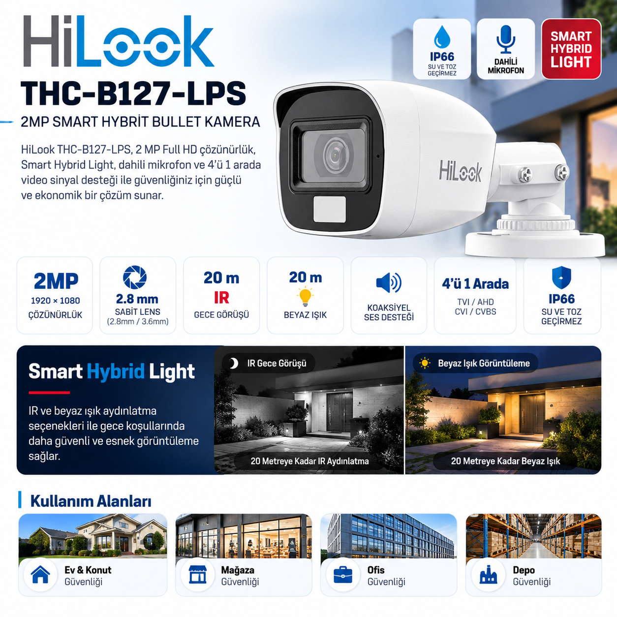 HiLook THC-B127-LPS 2MP 2.8mm Smart Hybrid Light dahili mikrofonlu bullet kamera