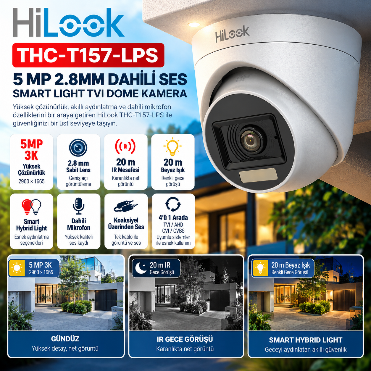 HiLook THC-T157-LPS 5MP 2.8mm dahili mikrofonlu Smart Hybrid Light TVI dome kamera