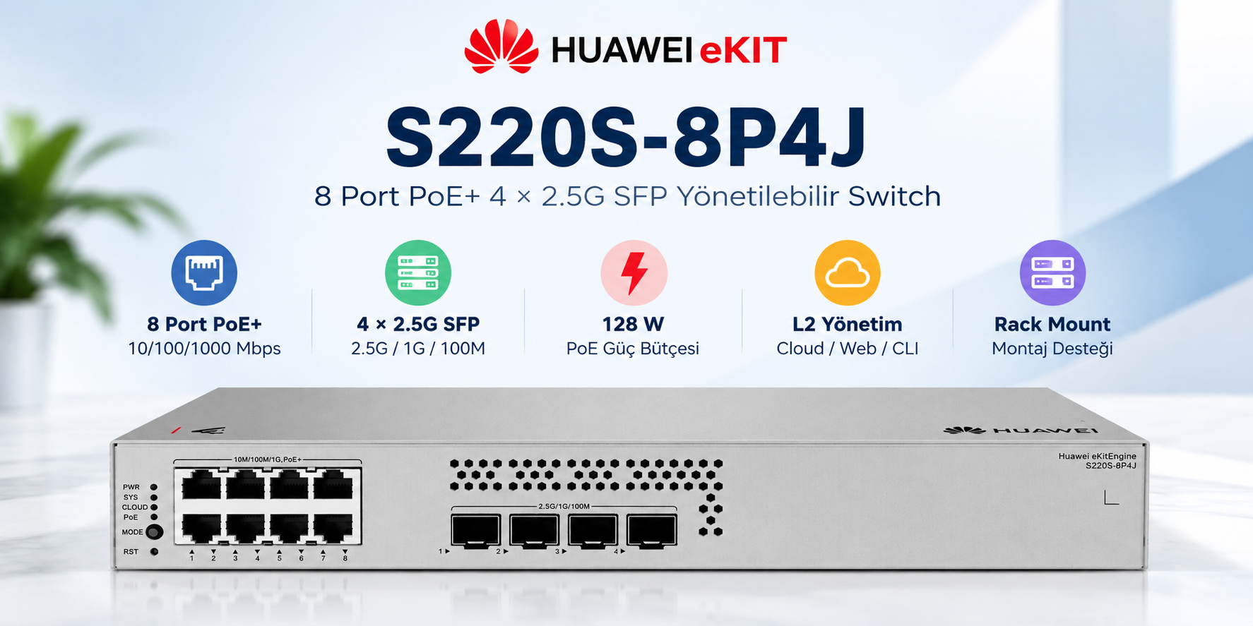 HUAWEI eKIT S220S-8P4J 8 Port PoE+ 4x2.5G SFP 128W yönetilebilir switch