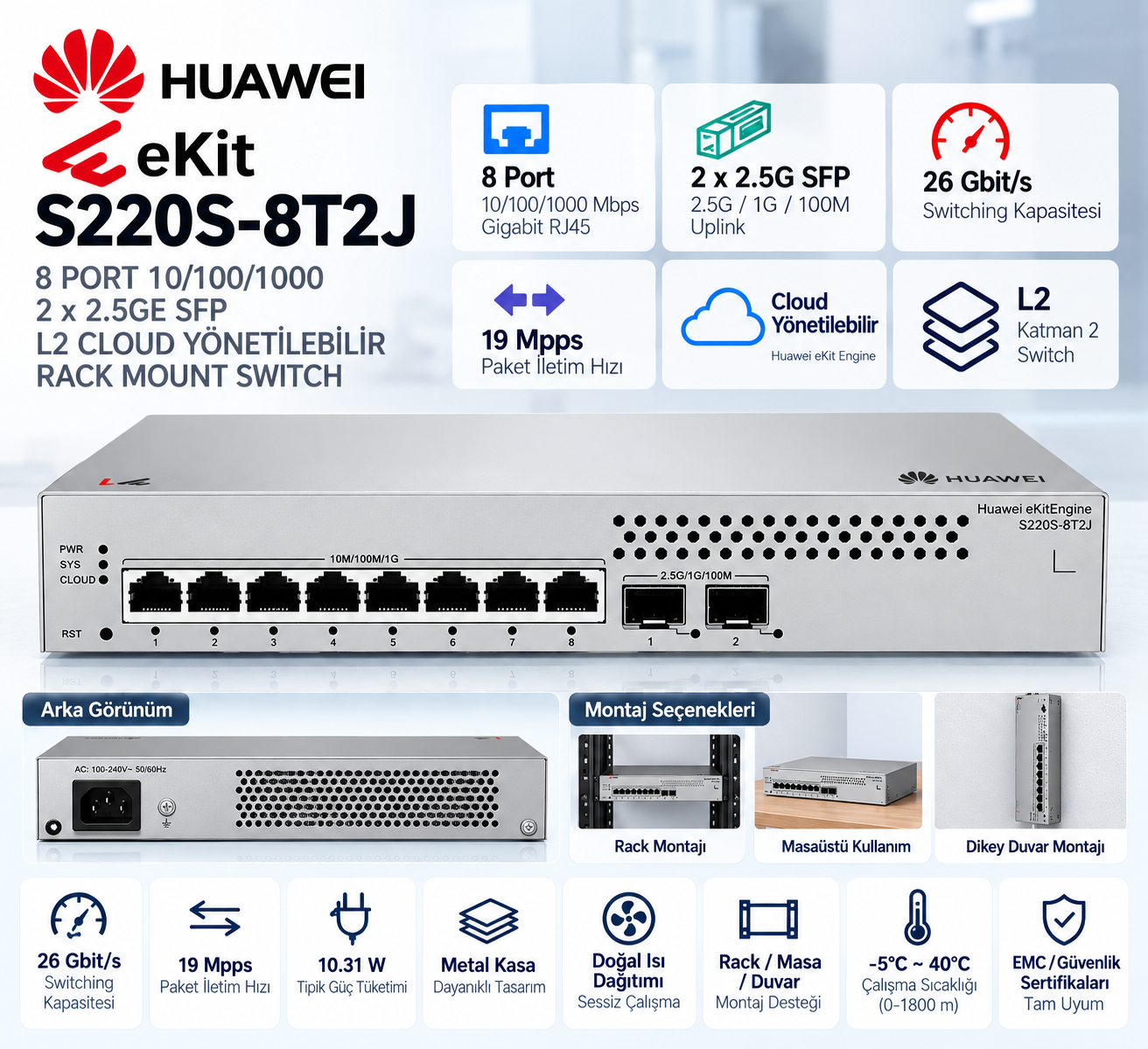 HUAWEI eKit S220S-8T2J 8 port Gigabit 2.5G SFP cloud yönetilebilir Layer 2 switch