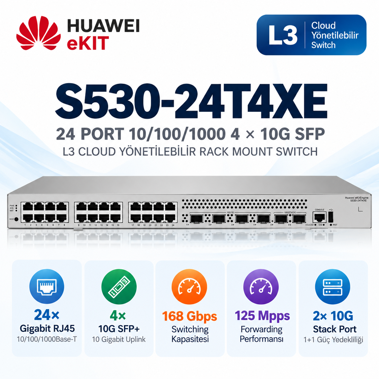 Huawei eKIT S530-24T4XE 24 port Gigabit 4x10G SFP+ L3 yönetilebilir rack mount switch
