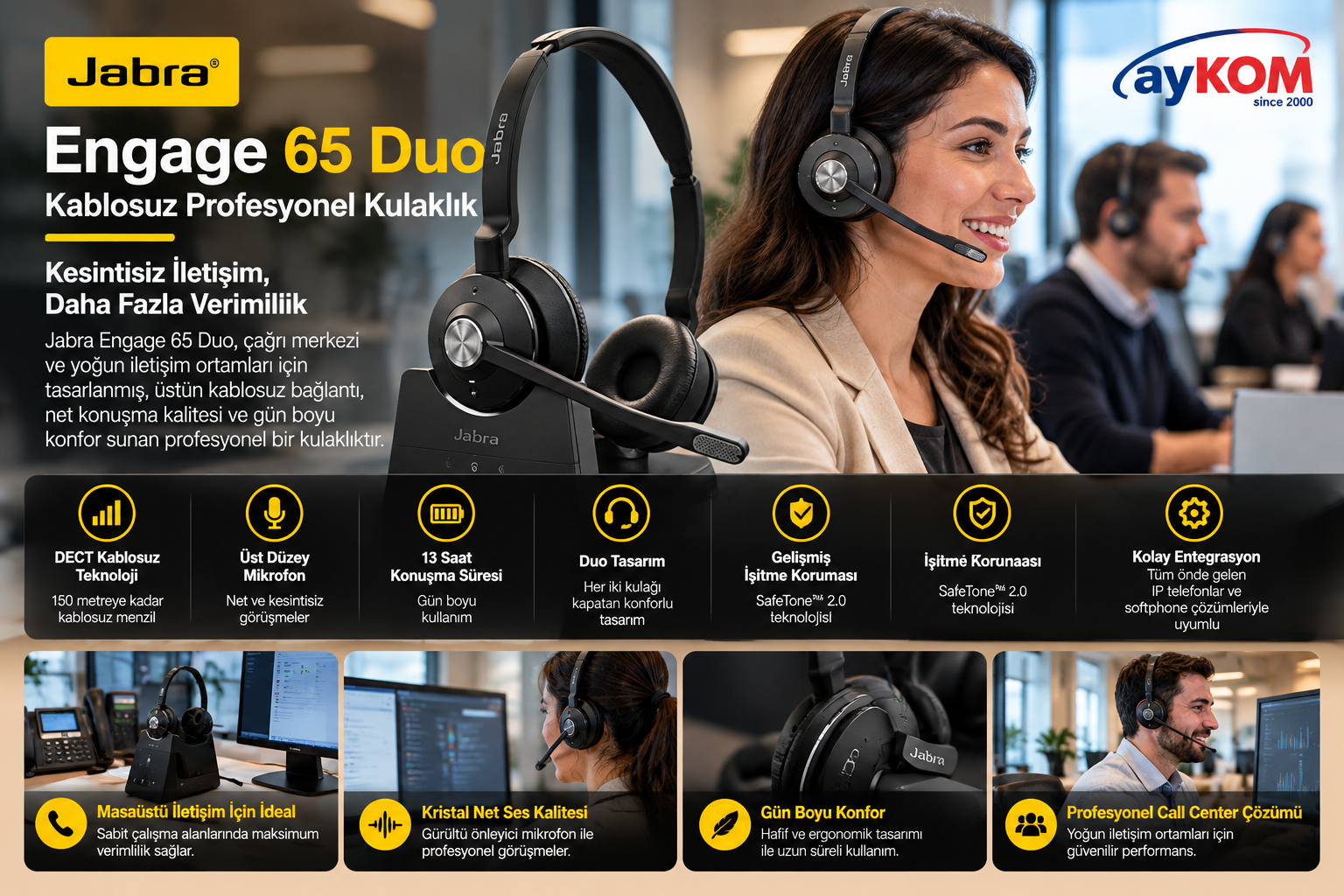 Jabra Engage 65 SE Duo profesyonel DECT kablosuz çağrı merkezi kulaklığı