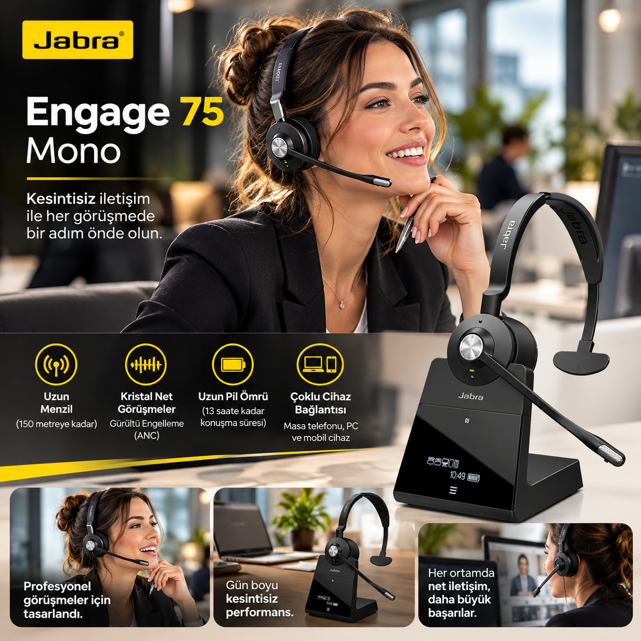 Jabra Engage 75 Mono DECT kablosuz profesyonel kulaklık ve dokunmatik dock ünitesi