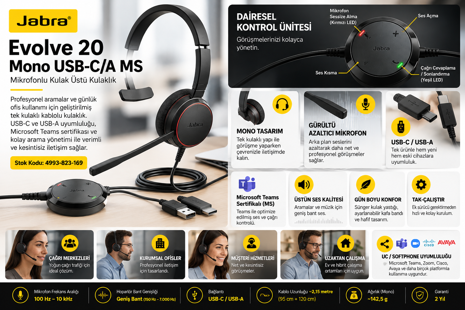 Jabra Evolve 20 Mono USB-C/A MS tek kulaklı mikrofonlu çağrı merkezi kulaklığı 4993-823-169