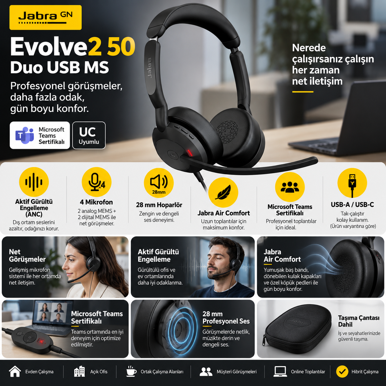 Jabra Evolve2 50 Duo USB MS ANC Microsoft Teams kablolu kulaklık