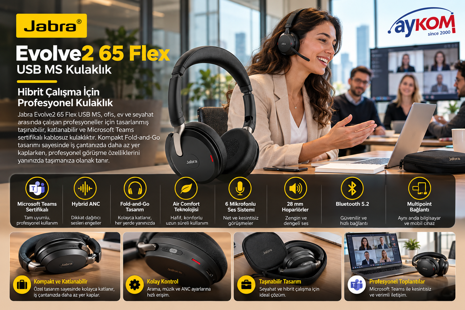 Jabra Evolve2 65 Flex USB MS Hybrid ANC Microsoft Teams profesyonel kablosuz kulaklık