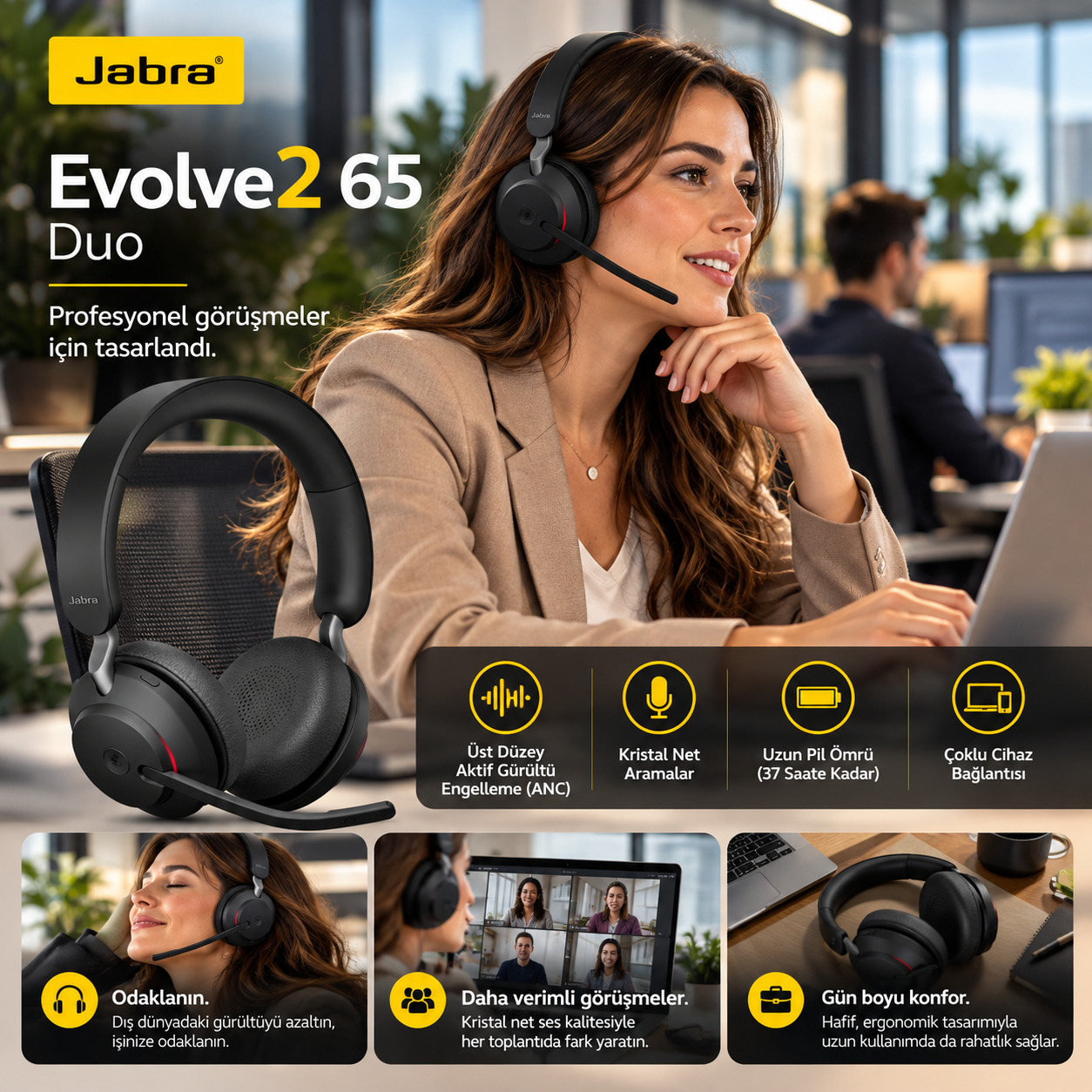 Jabra Evolve2 65 40 mm hoparlörlü profesyonel kablosuz kulaklık