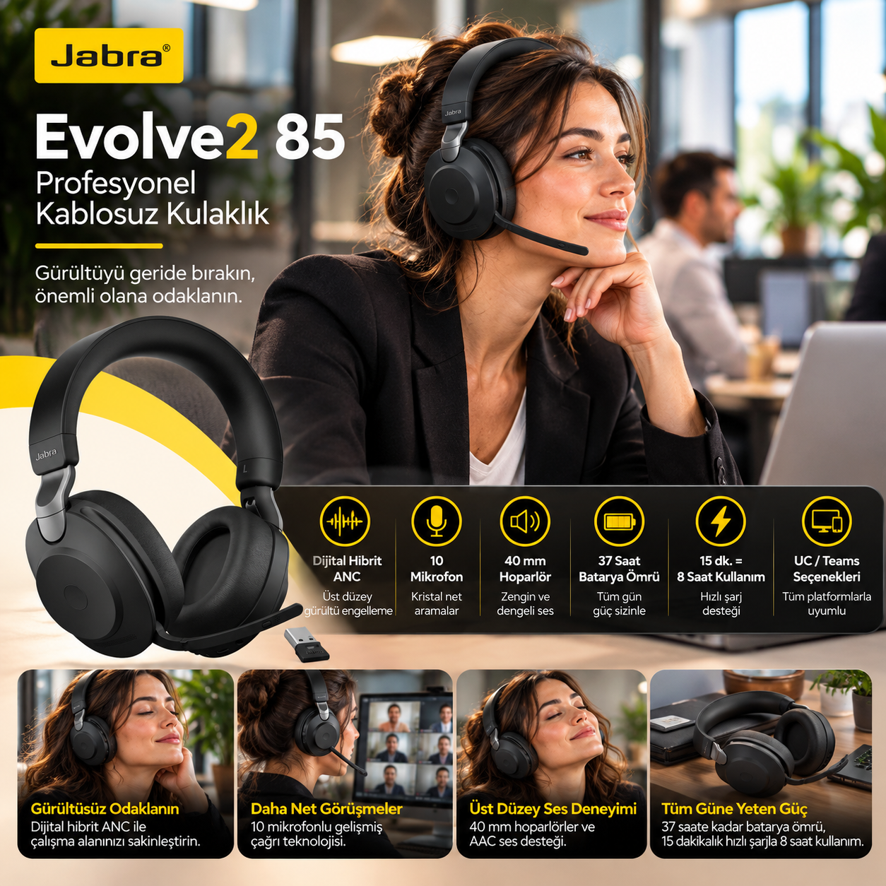 Jabra Evolve2 85 dijital hibrit ANC ve 10 mikrofonlu profesyonel kablosuz kulaklık