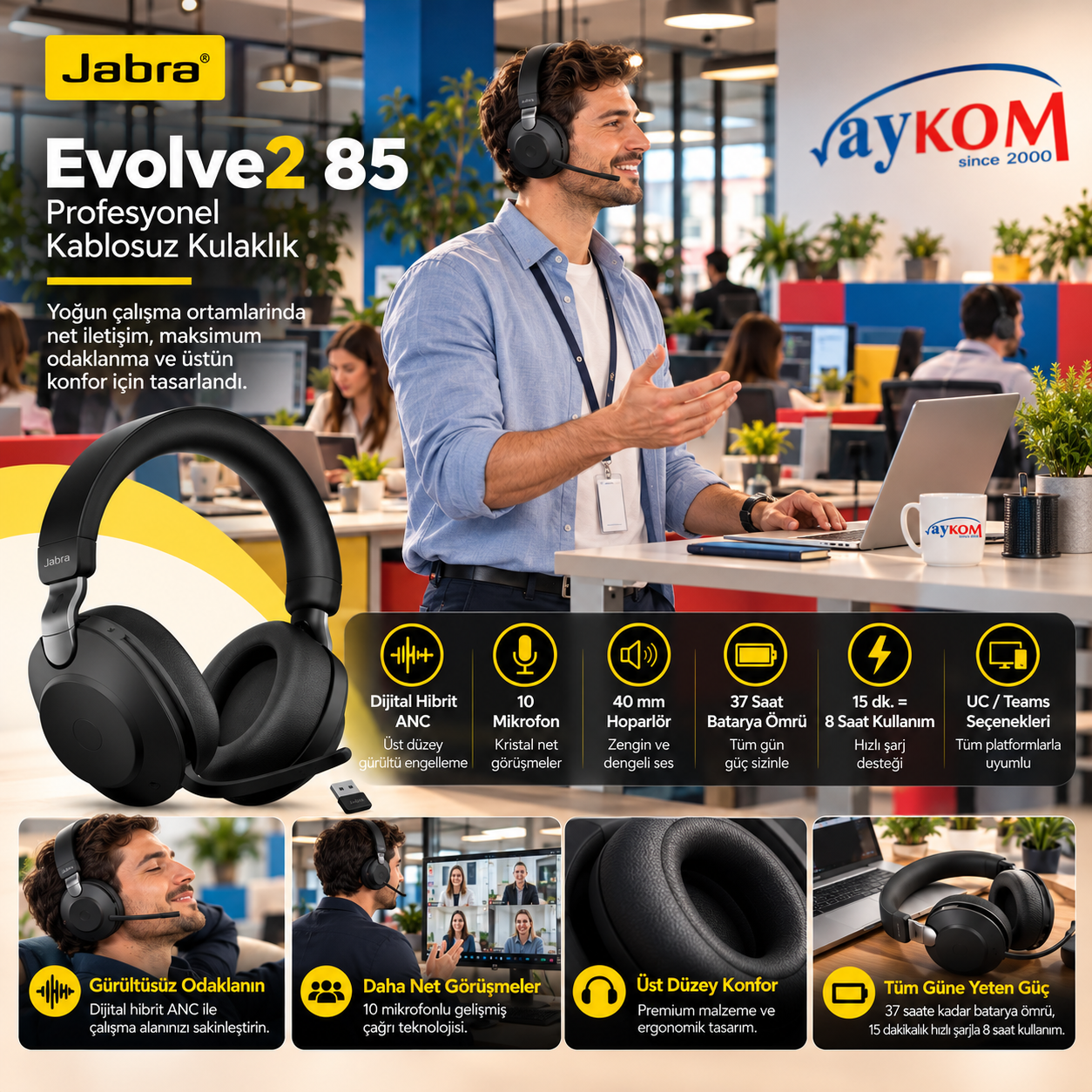 Jabra Evolve2 85 dijital hibrit ANC ve 10 mikrofonlu kablosuz kulaklık