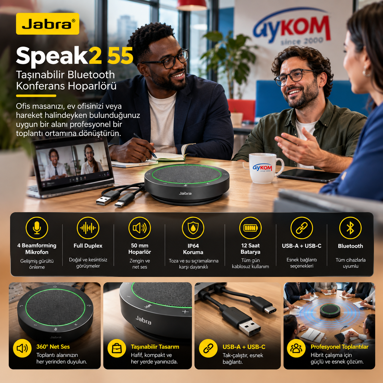 Jabra Speak2 55 dört mikrofonlu USB-A USB-C Bluetooth profesyonel konferans hoparlörü