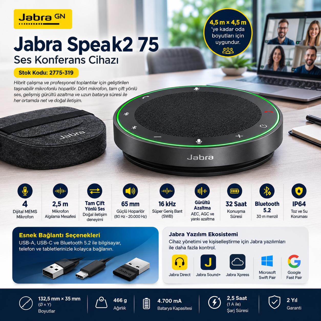 Jabra Speak2 75 2775-319 taşınabilir ses konferans cihazı