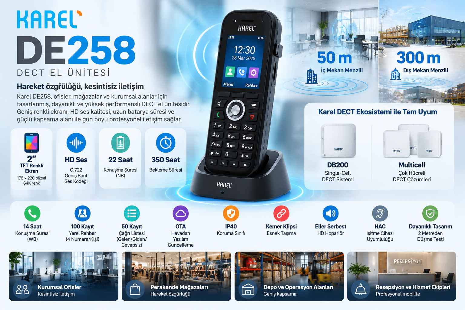 Karel DE258 2 inç renkli ekranlı HD ses destekli DECT el ünitesi
