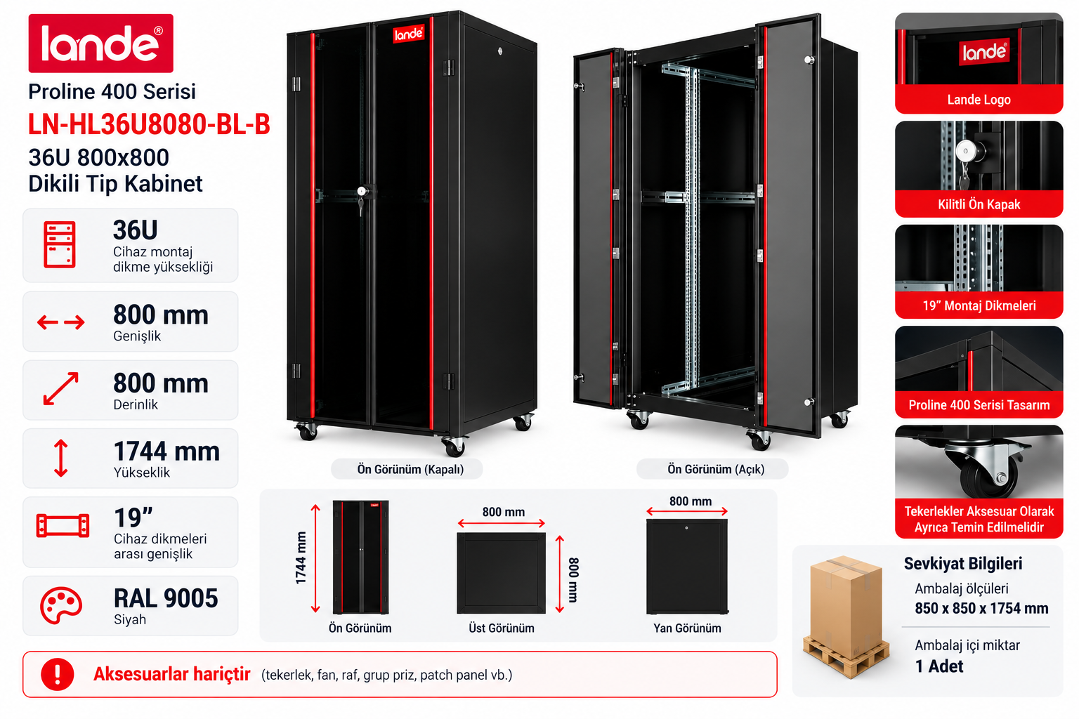 Lande Proline 400 LN-HL36U8080-BL-B 36U 800x800 Dikili Tip Kabinet