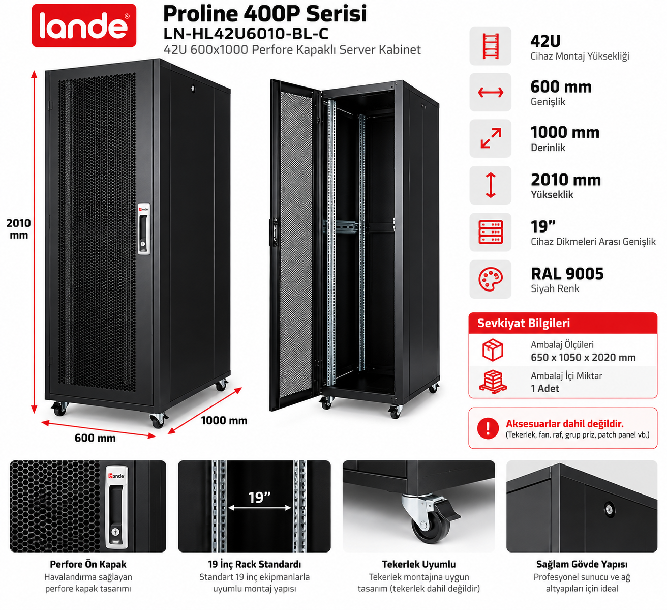 Lande Proline 400P LN-HL42U6010-BL-C 42U 600x1000 Perfore Kapaklı Server Kabinet