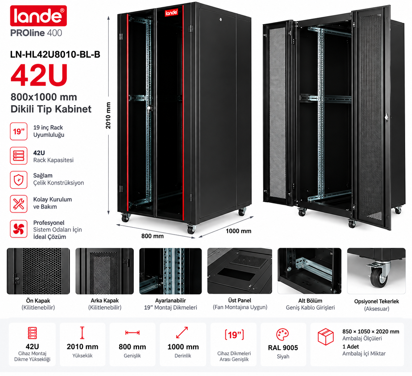 Lande Proline 400 LN-HL42U8010-BL-B 42U 800x1000 Dikili Tip Kabinet