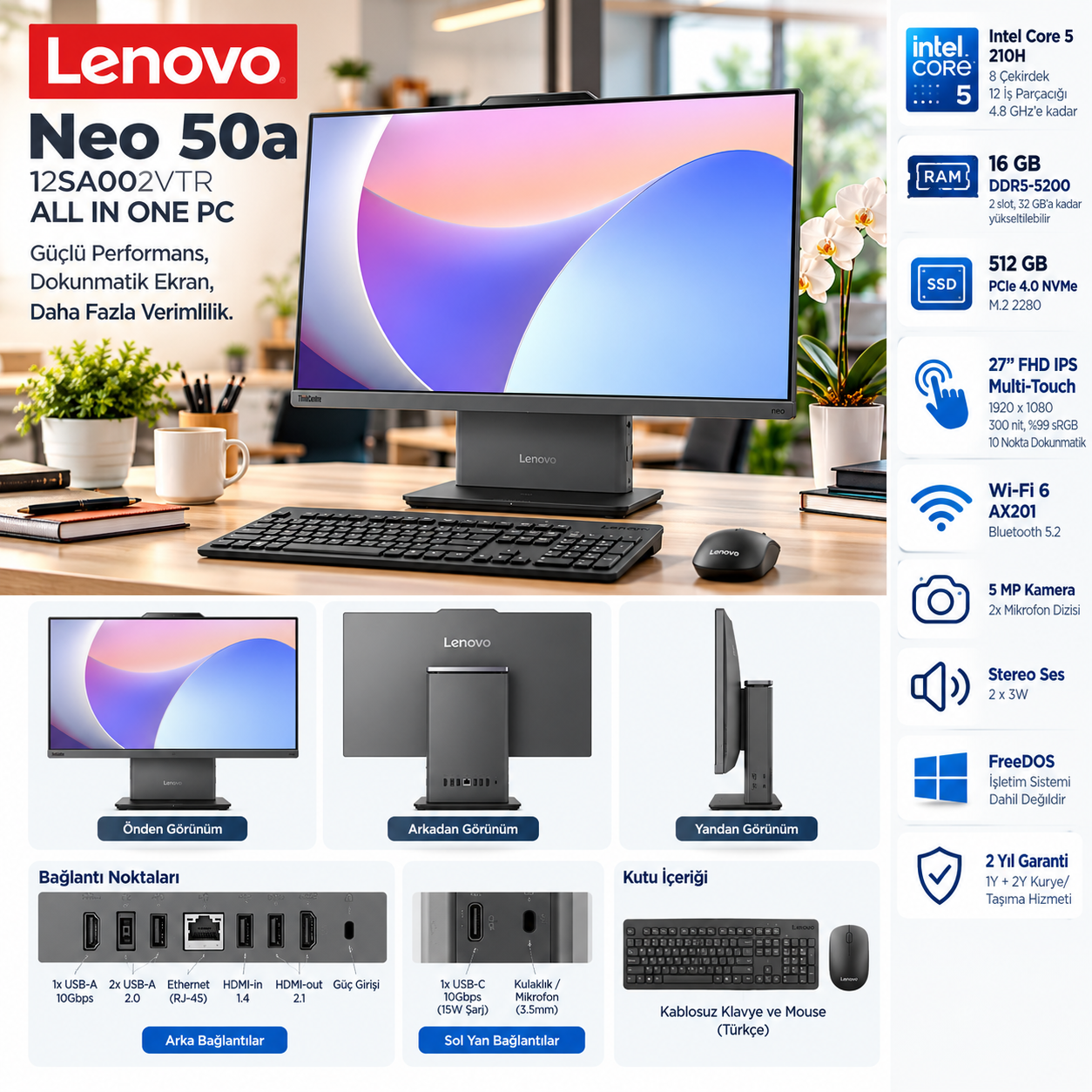 LENOVO 12SA002VTR Neo 50a Core 5 210H 27 inç Multi-Touch All in One PC