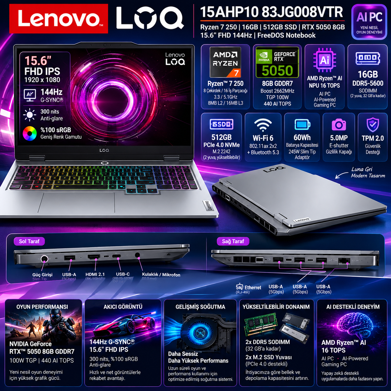 Lenovo LOQ 15AHP10 83JG008VTR Ryzen 7 250 RTX 5050 8GB 16GB DDR5 512GB SSD 144Hz oyuncu notebook